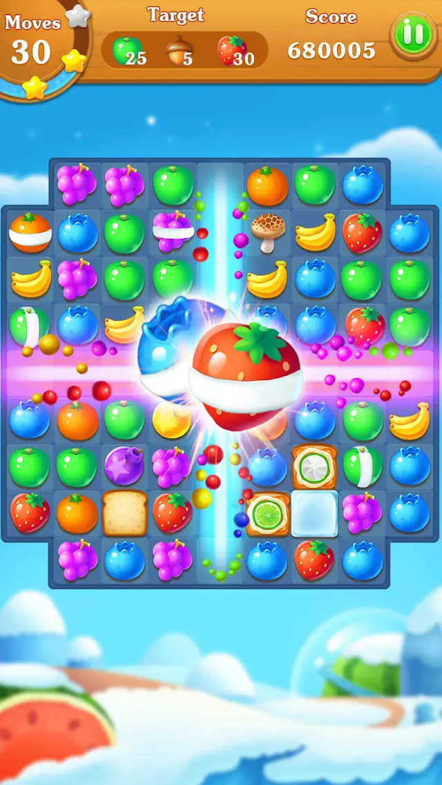 Fruits Bomb stage with fruit tiles and limited moves